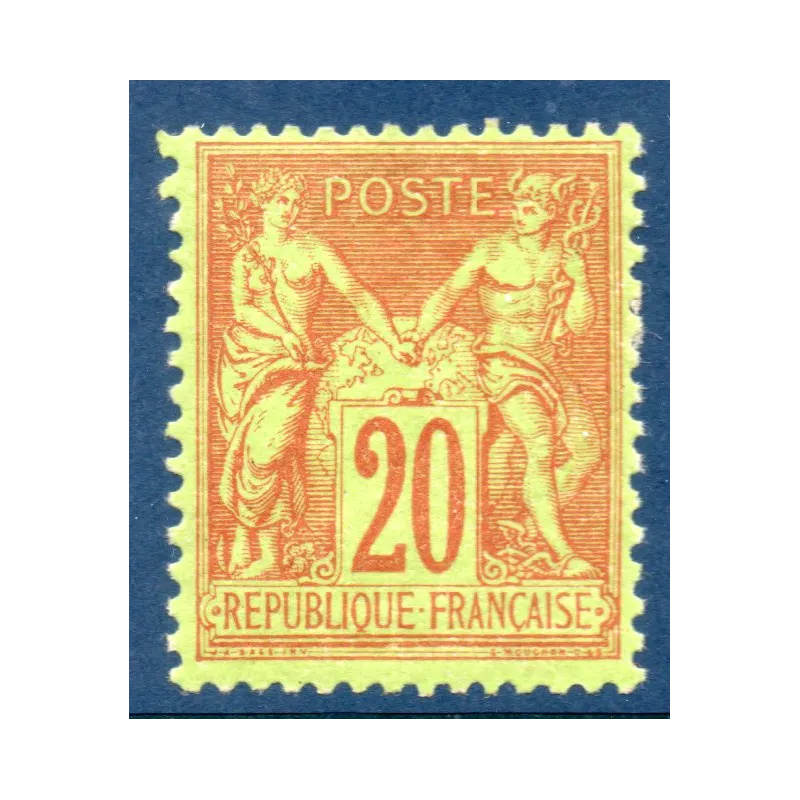 Timbre France Yvert No 96 Type II Sage 20c brique s. vert Neuf ** sans charnière signé Timbre France Yvert No 96 Type II Sage 20c brique s. vert Neuf ** sans charnière signé