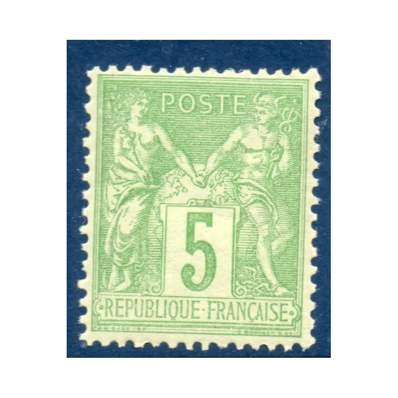 Timbre France Yvert No 106 Type II Sage 5c vert-jaune Neuf ** sans charnière signé Timbre France Yvert No 106 Type II Sage 5c vert-jaune Neuf ** sans charnière signé