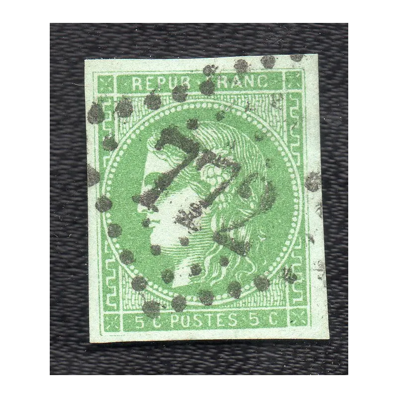 Timbre France Yvert No 42B Émission de Bordeaux 5c vert-jaune Oblitéré gros chiffres signé Brun Timbre France Yvert No 42B Émission de Bordeaux 5c vert-jaune Oblitéré gros chiffres signé Brun