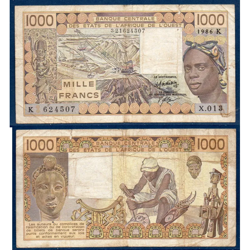 BCEAO Pick N°707Kg pour le Senegal, TB Billet de 1000 Francs CFA 1986 Sculpteur