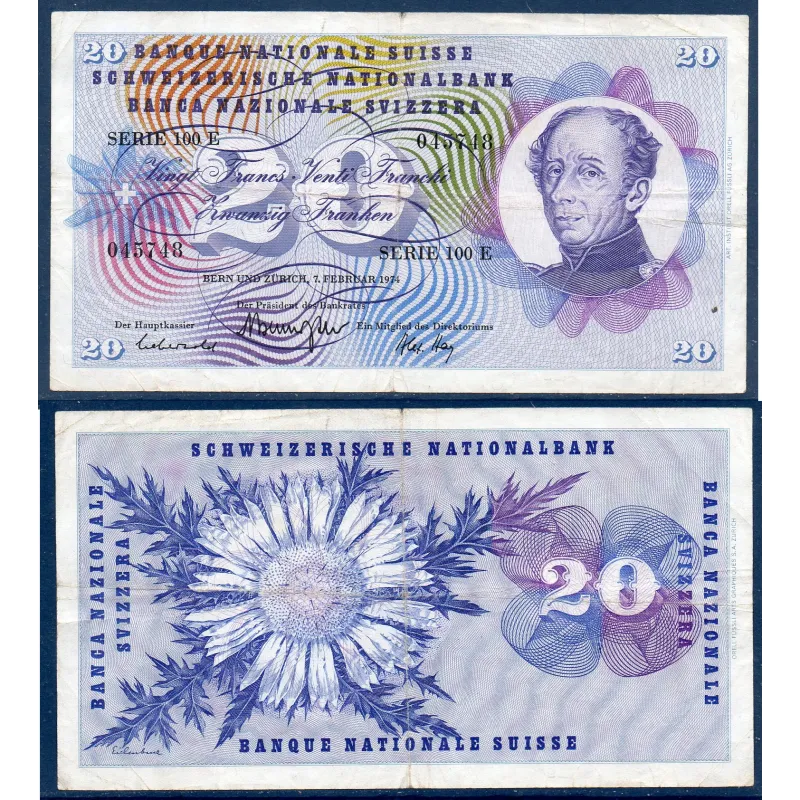 Suisse P.46v, TTB, Billet de 20 Francs 1974 Henri-Dufour Suisse P.46v, TTB, Billet de 20 Francs 1974 Henri-Dufour