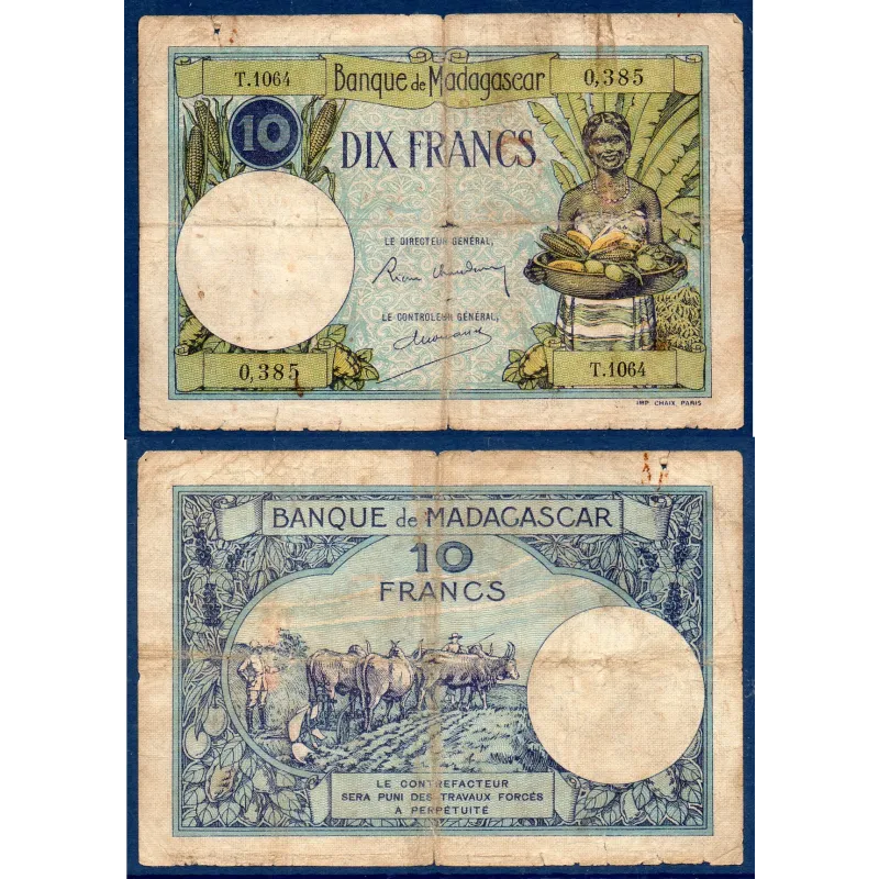 cMadagascar P.36, TB, Billet de 10 Francs 1937-1947 Labour cMadagascar P.36, TB, Billet de 10 Francs 1937-1947 Labour