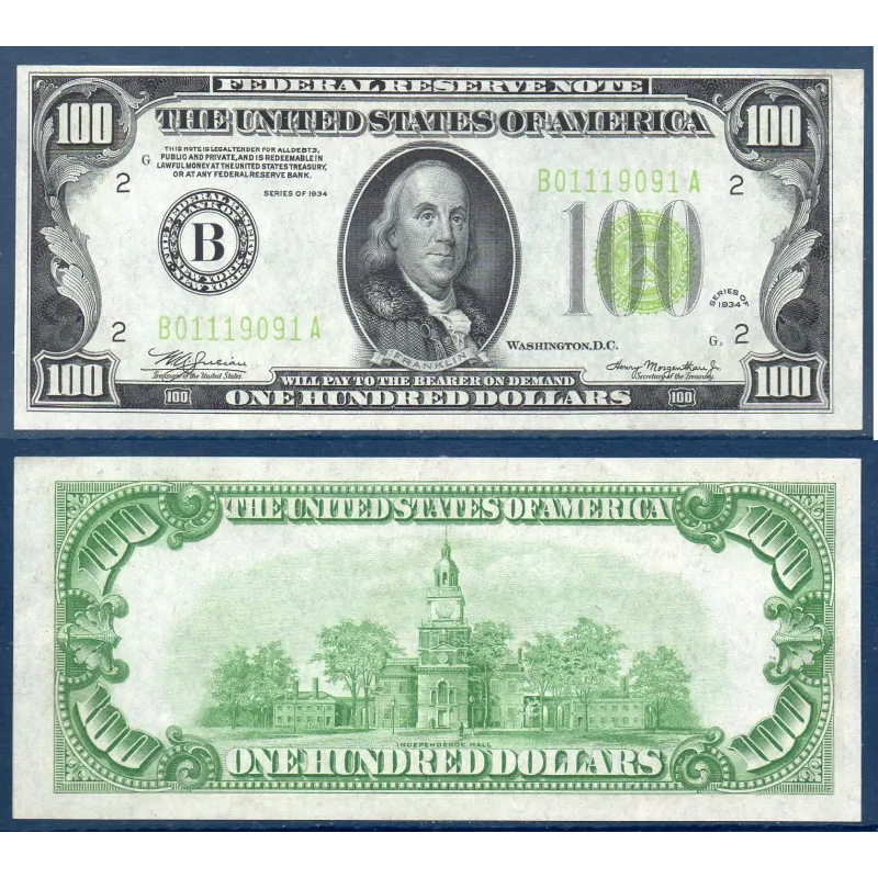 Etats Unis P.433L New York, Spl Billet de 100 dollars 1934 Sceau vert clair série B Etats Unis P.433L New York, Spl Billet de 100 dollars 1934 Sceau vert clair série B