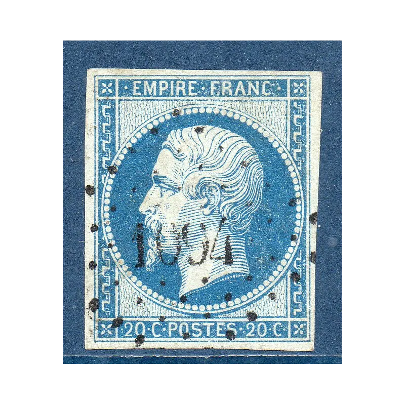 Timbre France Yvert No 14Ad Type I Empire 20c Bleu sur vert Oblitéré signé Calves