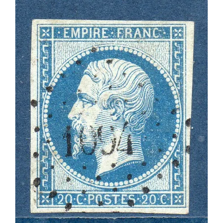 Timbre France Yvert No 14Ad Type I Empire 20c Bleu sur vert Oblitéré signé Calves