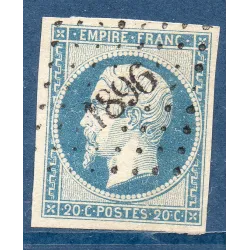 Timbre France Yvert No 14Am Type I Empire 20c Bleu laiteux sur vert Oblitéré