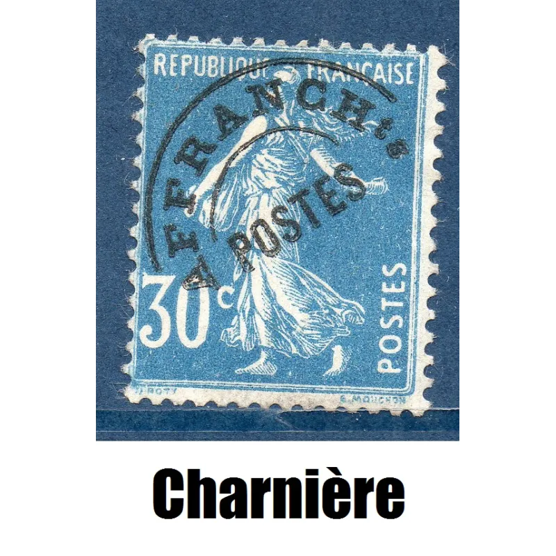 Timbre France Préoblitérés Yvert 60 Type semeuse 30c bleu neuf * avec charnière Timbre France Préoblitérés Yvert 60 Type semeuse 30c bleu neuf * avec charnière