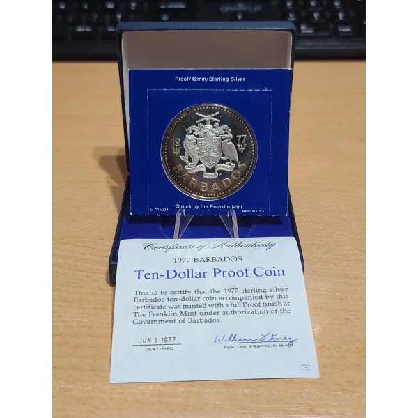 Barbade 10 dollars BE, 1977, KM 17a Poséidon pièce de monnaie