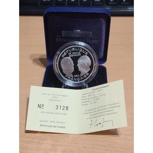 100 francs Argent, BE, 1994, Libération De Gaulle - Adenauer pièces de monnaies de Paris
