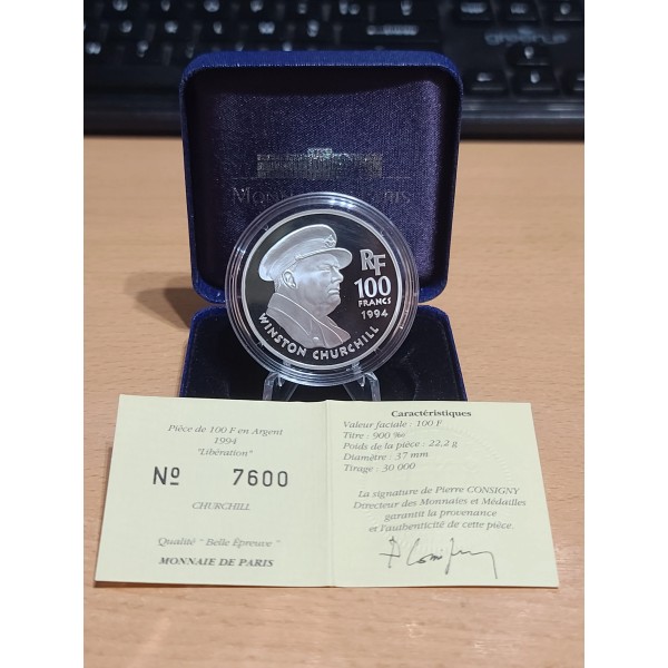 100 francs Argent, BE, 1994, Libération Churchill pièces de monnaies de Paris
