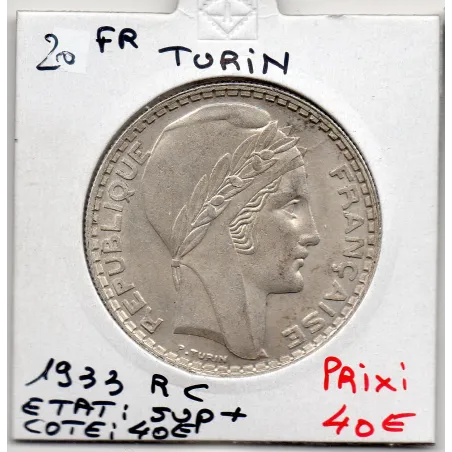20 francs Turin 1933 Rameaux court Sup+