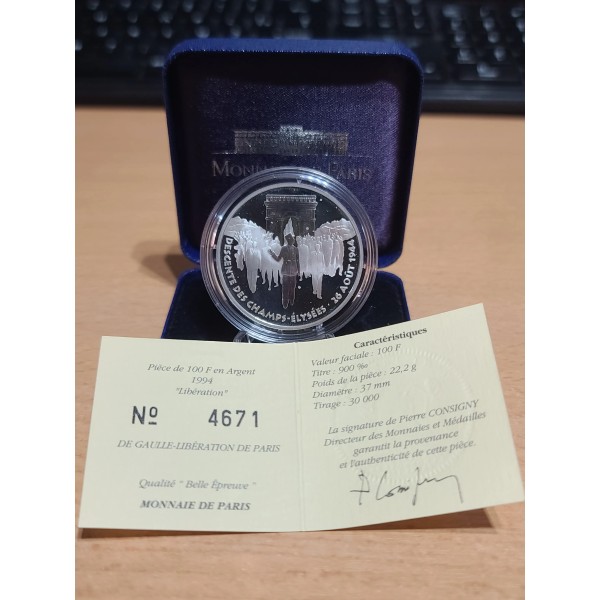 100 francs Argent, BE, 1994, De Gaulle Libération de Paris pièces de monnaies de Paris