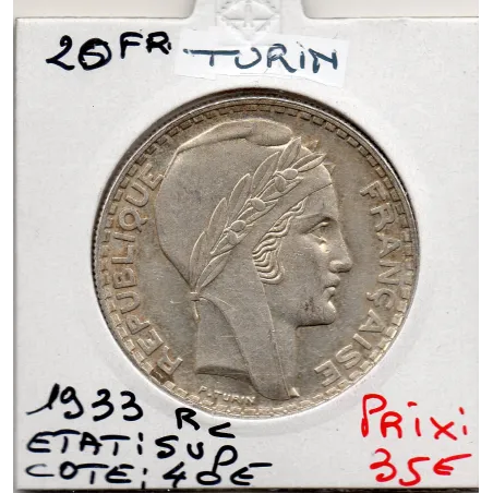 20 francs Turin 1933 Rameaux court Sup