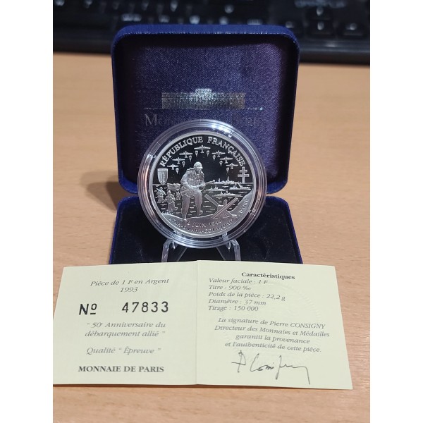 1 franc Argent, BE, 1993, Débarquement allié pièces de monnaies de Paris