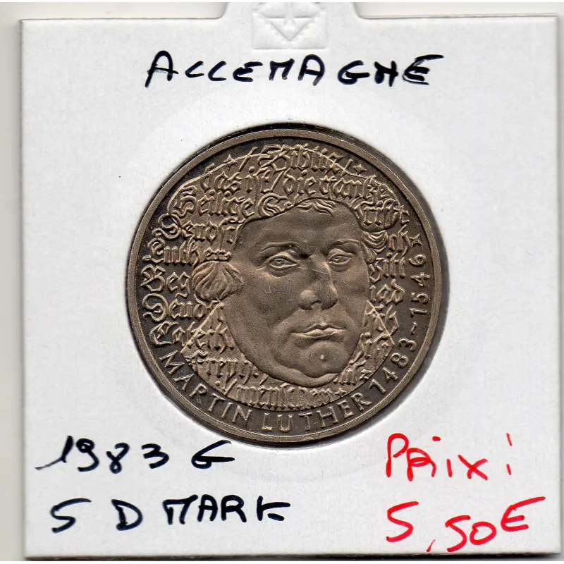 Allemagne RFA 5 deutche mark 1983 G, Spl KM.159 Luther