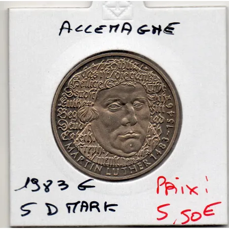 Allemagne RFA 5 deutche mark 1983 G, Spl KM.159 Luther