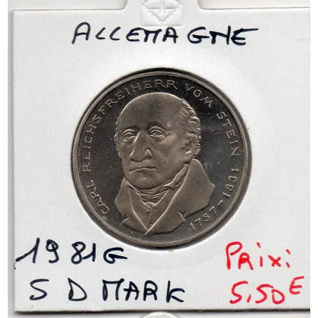 Allemagne RFA 5 deutche mark 1981 G, Spl KM.155 Reichsfreiherr vom Stein