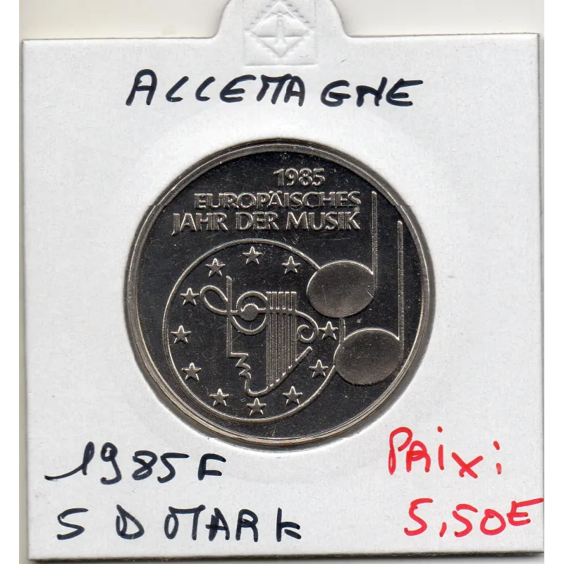 Allemagne RFA 5 deutche mark 1985 F, Spl KM.162 année de la musique Allemagne RFA 5 deutche mark 1985 F, Spl KM.162 année de la musique