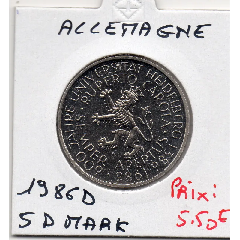 Allemagne RFA 5 deutche mark 1986 D, Spl KM.164 Université d'Heidelberg Allemagne RFA 5 deutche mark 1986 D, Spl KM.164 Université d'Heidelberg