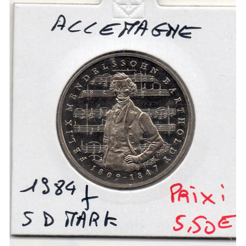 Allemagne RFA 5 deutche mark 1984 J, Spl KM.161 Felix Mendelssohn KM.161 Allemagne RFA 5 deutche mark 1984 J, Spl KM.161 Felix Mendelssohn KM.161