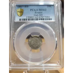 20 centimes Napoléon III tête laurée 1867 BB Strasbourg SPL- gradé PCGS MS62