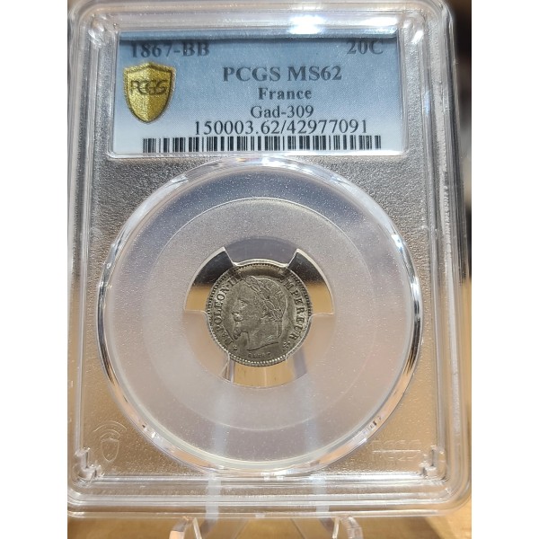 20 centimes Napoléon III tête laurée 1867 BB Strasbourg SPL- gradé PCGS MS62
