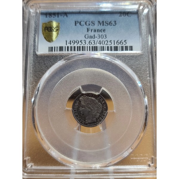 20 centimes Cérès 1851A Paris SPl PCGS MS63