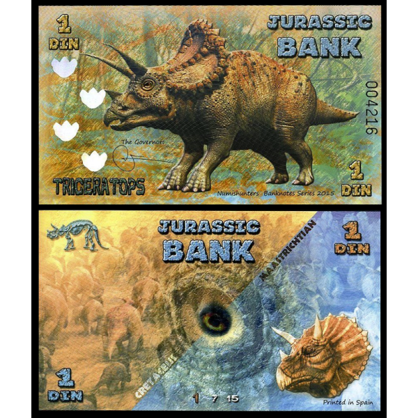 Jurassik bank, 3 Billets commémoratifs de 1, 7 et 13 din 2015