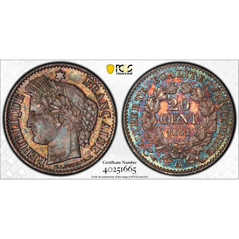 20 centimes Cérès 1851A Paris SPl PCGS MS63 20 centimes Cérès 1851A Paris SPl PCGS MS63