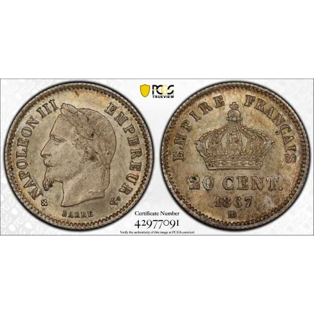 20 centimes Napoléon III tête laurée 1867 BB Strasbourg SPL- gradé PCGS MS62