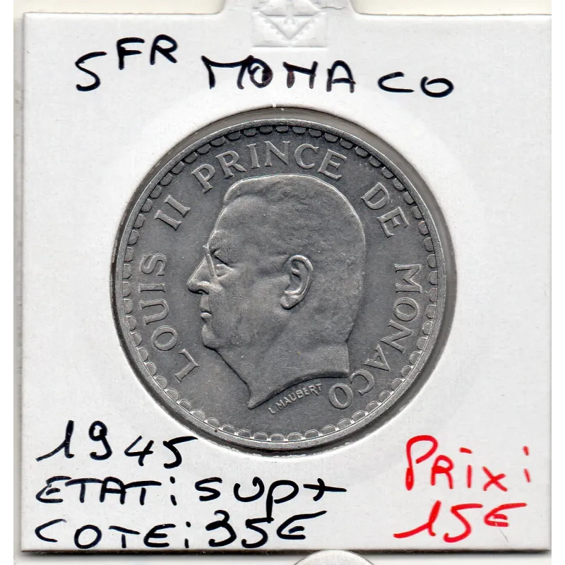 Monaco 5 francs 1945 Sup+, Gad.135 Louis II