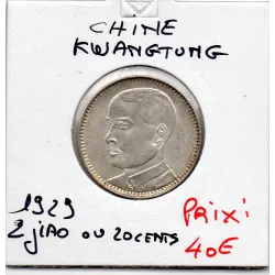 Chine 20 cents ou 2 jiao 1929 an 18 Spl, KM.Y426 Kwangtung