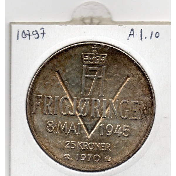 Norvège 25 Kroner 1970 Sup+, KM.414 Haakon VII et Olav V