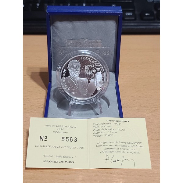 100 francs Argent, BE, 1994, De Gaulle - Appel du 18 juin 1940 pièces de monnaies de Paris