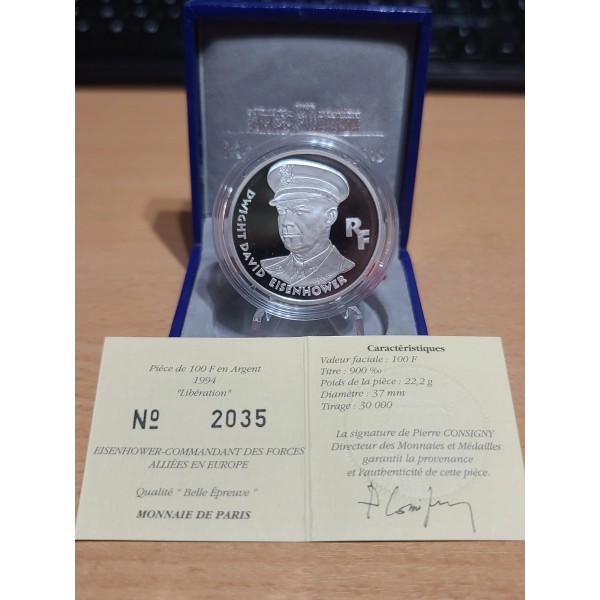 100 francs Argent, BE, 1994, Eisenhower pièces de monnaies de Paris