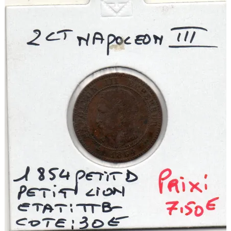 2 centimes Napoléon III tête nue 1854 petit D petit lion Lyon TTB-