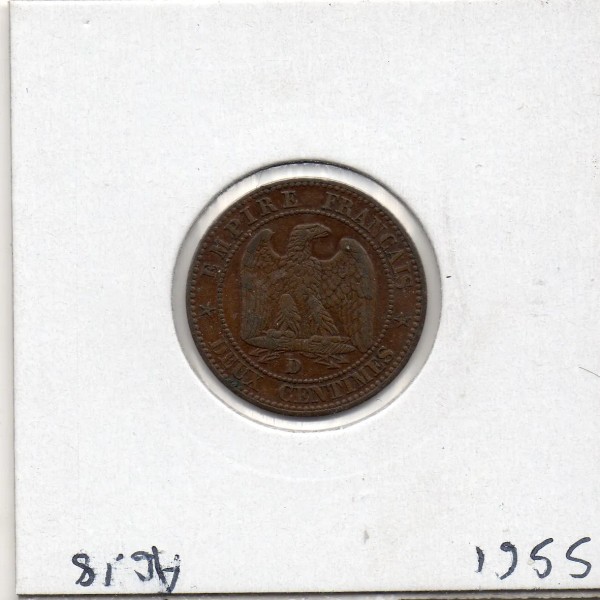 2 centimes Napoléon III tête nue 1855 ancre grand D grand lion Lyon TTB+