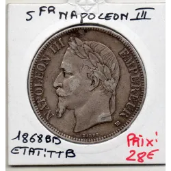 5 francs Napoléon III tête laurée 1868 BB Strasbourg TTB rayures