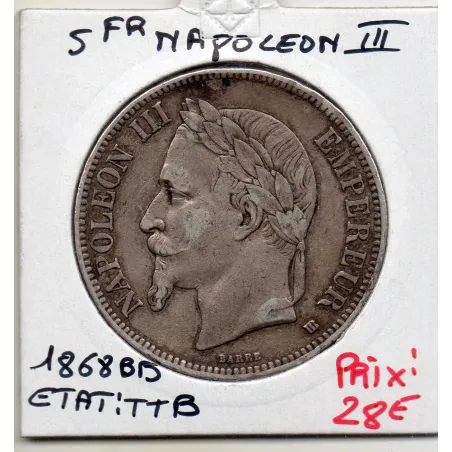 5 francs Napoléon III tête laurée 1868 BB Strasbourg TTB rayures