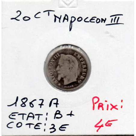 20 centimes Napoléon III tête laurée 1867 A Paris B+