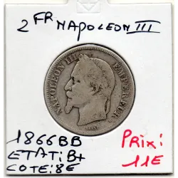 2 francs Napoléon III tête laurée 1866 BB Strasbourg B+