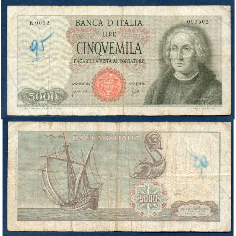 Italie P.98a, TB ecrit Billet de 5000 Lire 1964 Christophe Colomb Italie P.98a, TB ecrit Billet de 5000 Lire 1964 Christophe Colomb