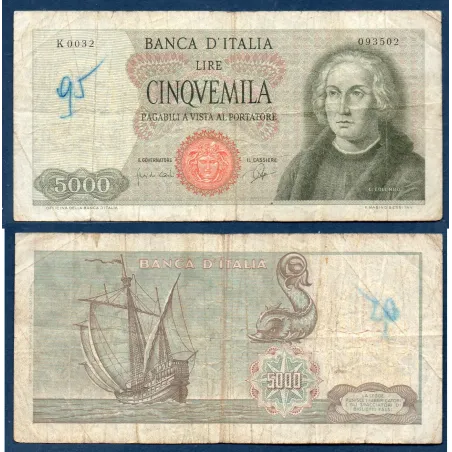 Italie P.98a, TB ecrit Billet de 5000 Lire 1964 Christophe Colomb
