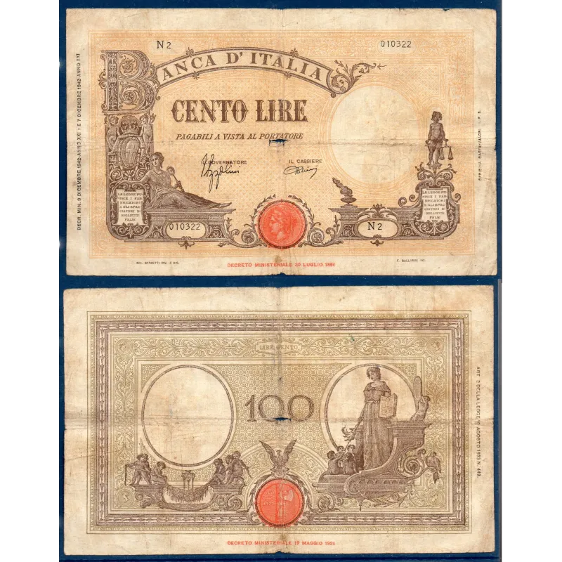 Italie P.59, B+ Billet de 100 Lire 9.12.1942 Justice Science Italie P.59, B+ Billet de 100 Lire 9.12.1942 Justice Science