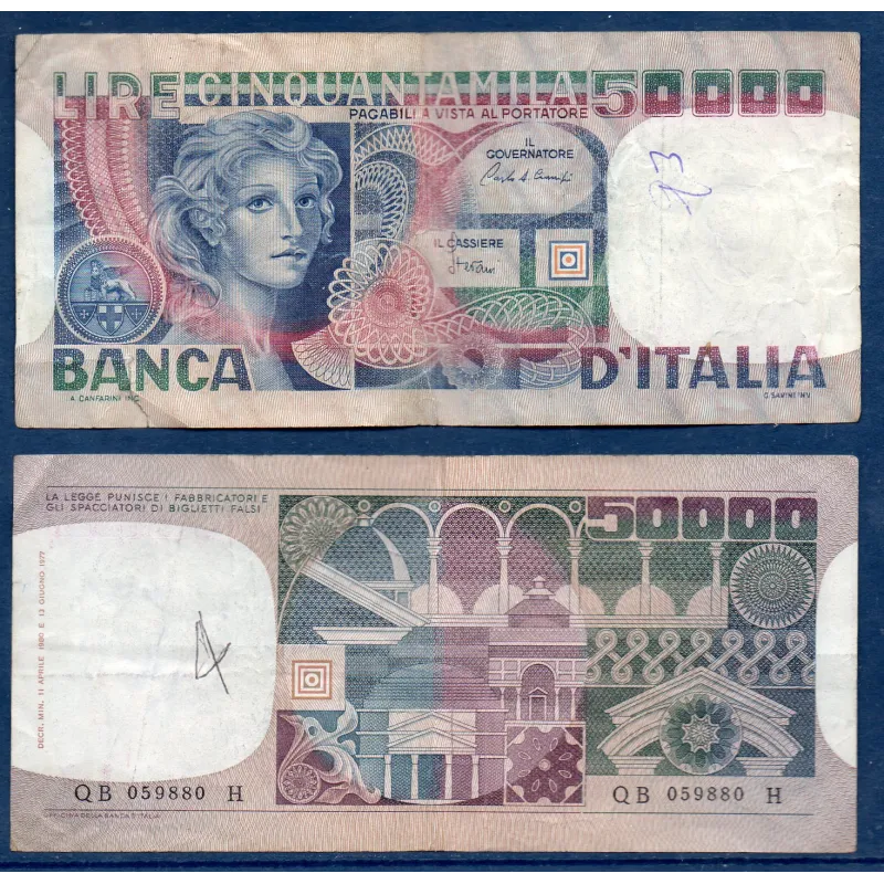 Italie P.107c, TB ecrit Billet de 50000 Lire 1980 Savini