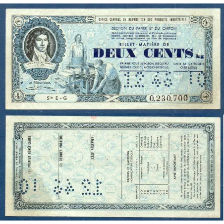 Billet de deux cents Kilos 200kg de Matière Papier et Carton, Décembre1946