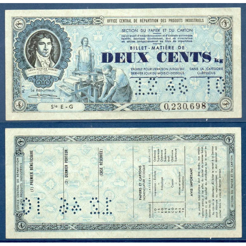 Billet de deux cents Kilos 200kg de Matière Papier et Carton, Décembre1946