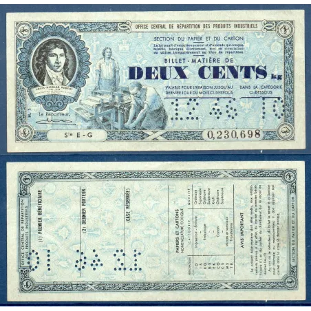 Billet de deux cents Kilos 200kg de Matière Papier et Carton, Décembre1946
