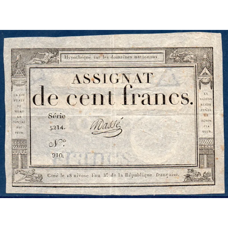 Assignat 100 francs 18 Nivose an 3, TTB-, signature Masse Mus 49