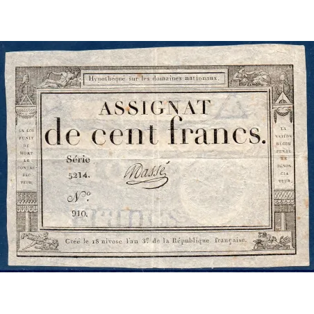 Assignat 100 francs 18 Nivose an 3, TTB-, signature Masse Mus 49